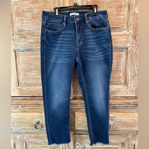 Vigoss Denim - Vigoss Dark Blue Marley Cropped Straight Frayed Hem Jeans